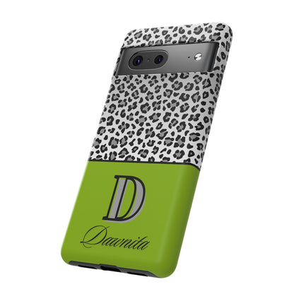 Gray Leopard Print and Green Personalized Name Phone Case - for iPhone, Samsung, and Google Phones