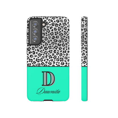 Gray Leopard Print and Teal Personalized Name Phone Case - for iPhone, Samsung, and Google Phones