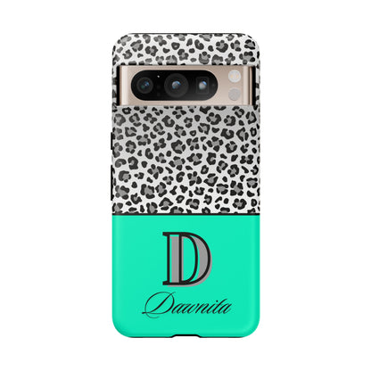 Gray Leopard Print and Teal Personalized Name Phone Case - for iPhone, Samsung, and Google Phones