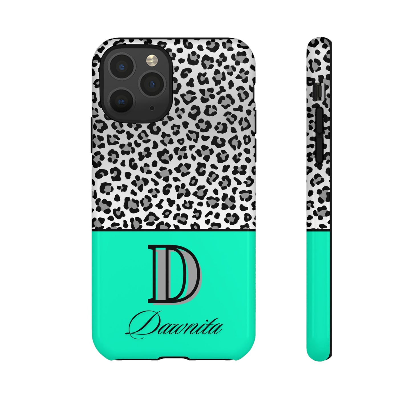 Gray Leopard Print and Teal Personalized Name Phone Case - for iPhone, Samsung, and Google Phones