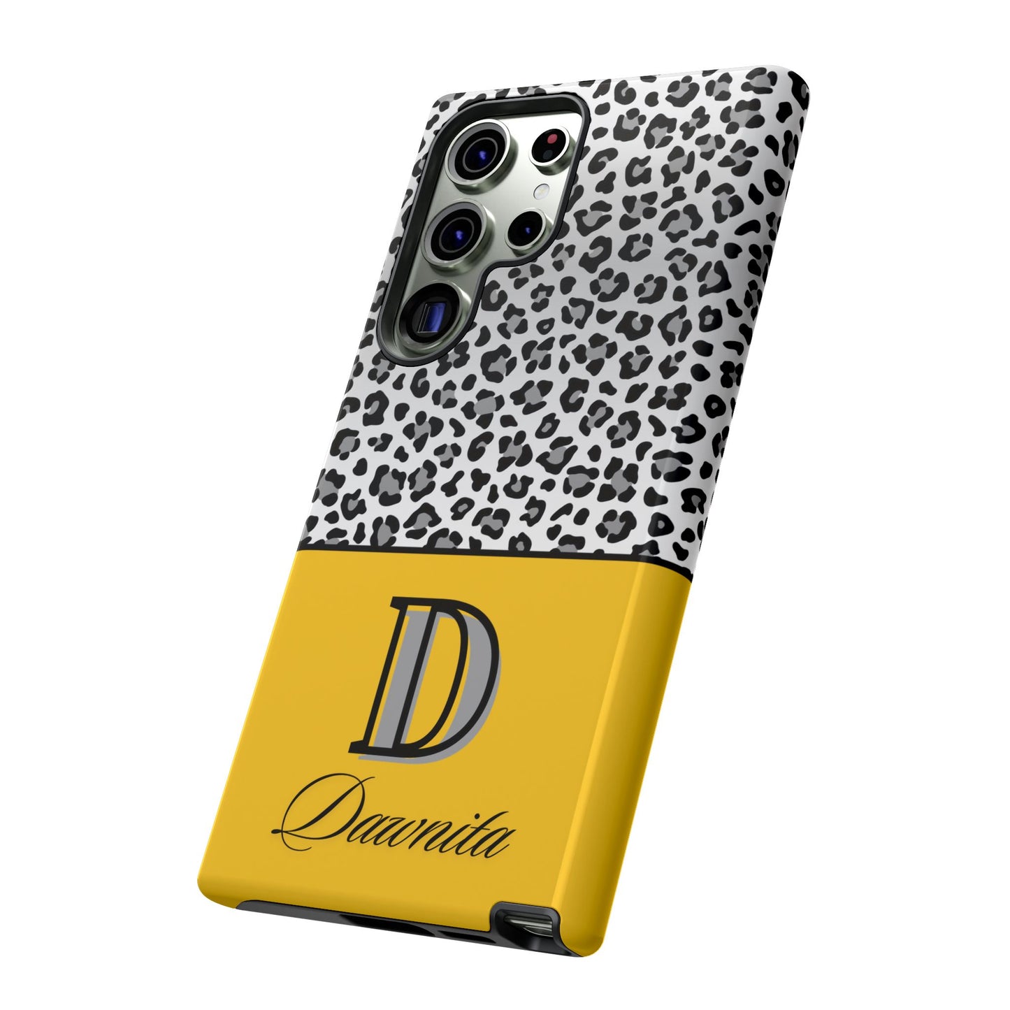 Gray Leopard Print and Yellow Personalized Name Phone Case - for iPhone, Samsung, and Google Phones