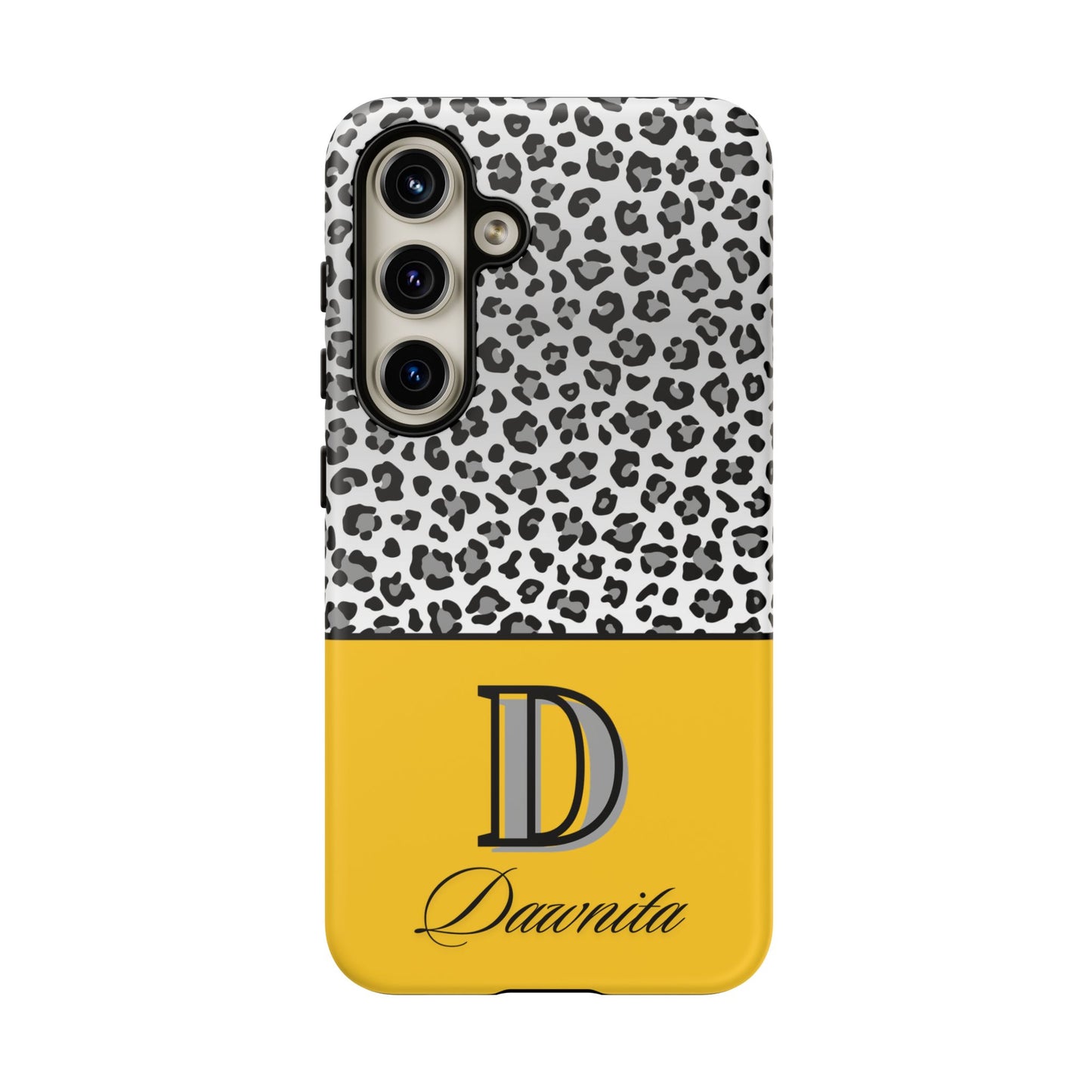 Gray Leopard Print and Yellow Personalized Name Phone Case - for iPhone, Samsung, and Google Phones