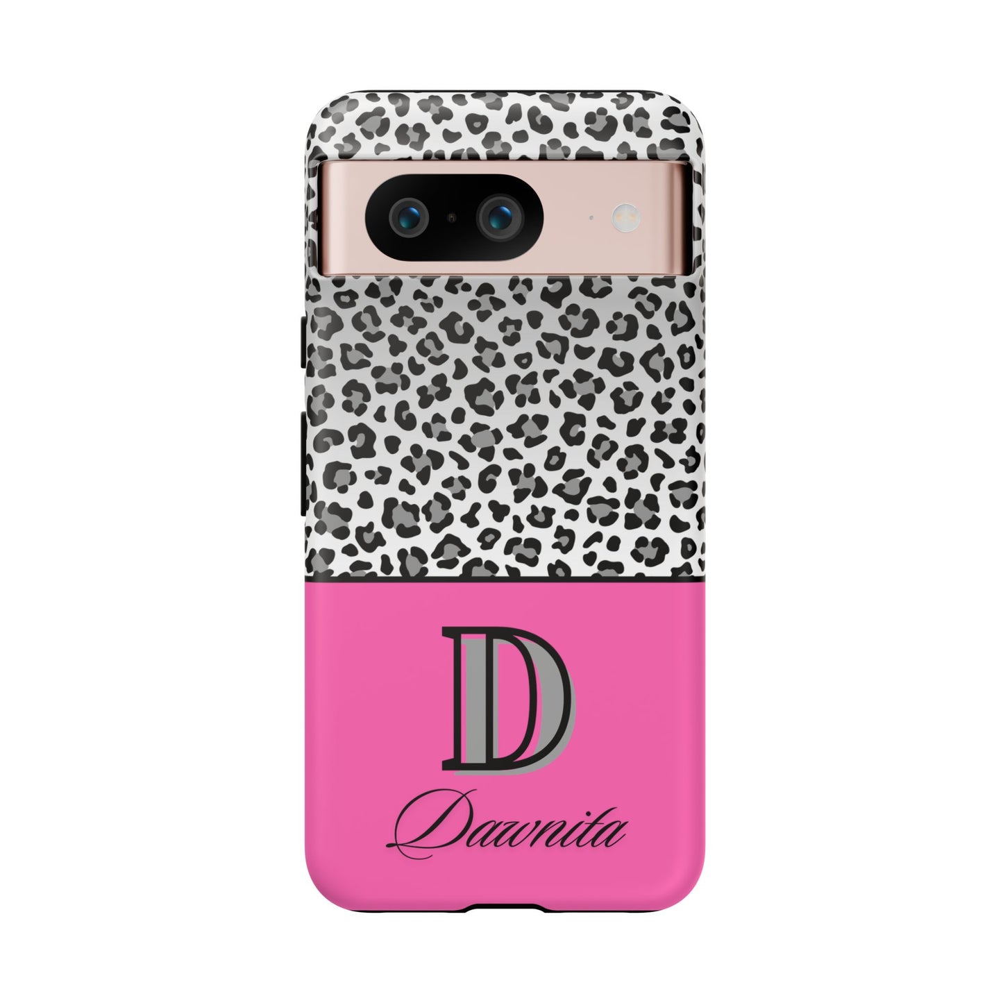 Gray Leopard Print and Pink Personalized Name Phone Case - for iPhone, Samsung, and Google Phones