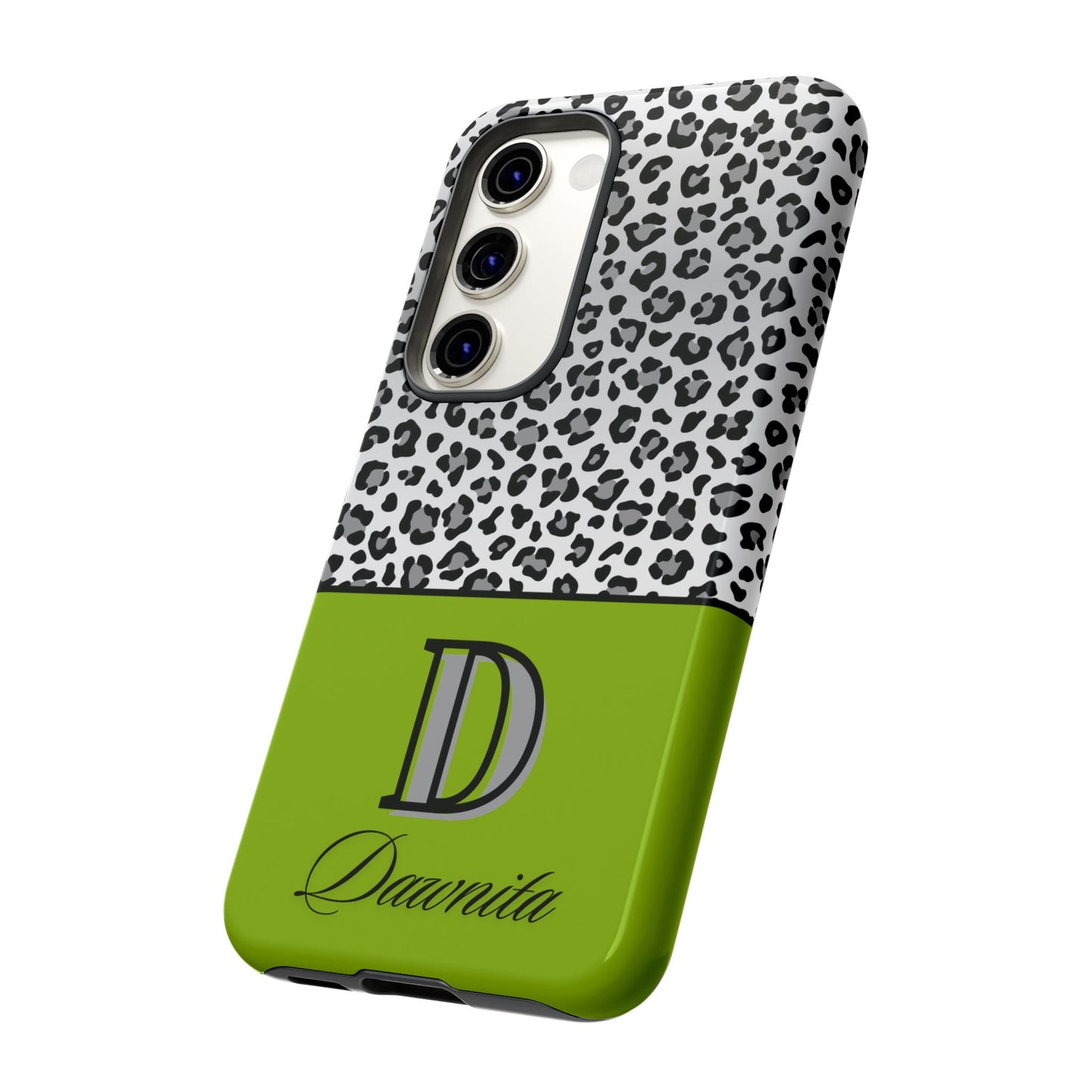 Gray Leopard Print and Green Personalized Name Phone Case - for iPhone, Samsung, and Google Phones