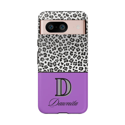 Gray Leopard Print and Purple Personalized Name Phone Case - for iPhone, Samsung, and Google Phones