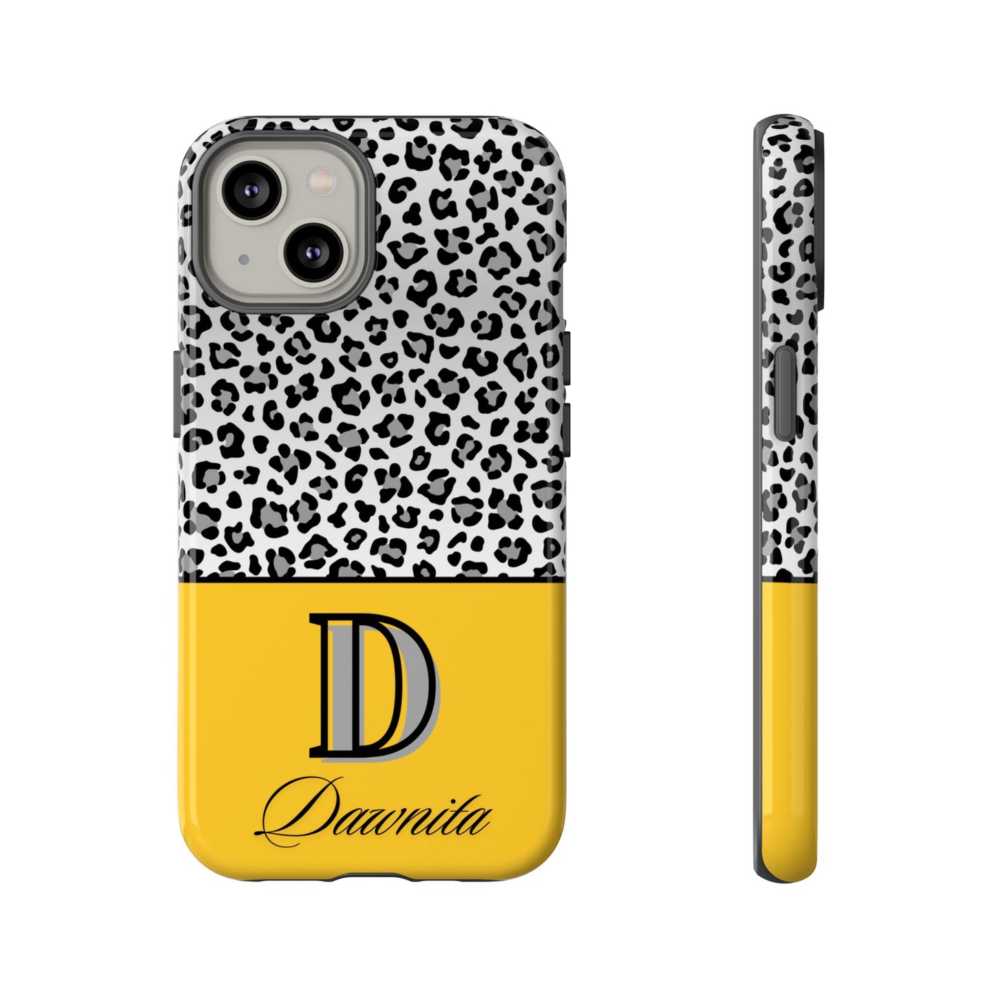 Gray Leopard Print and Yellow Personalized Name Phone Case - for iPhone, Samsung, and Google Phones