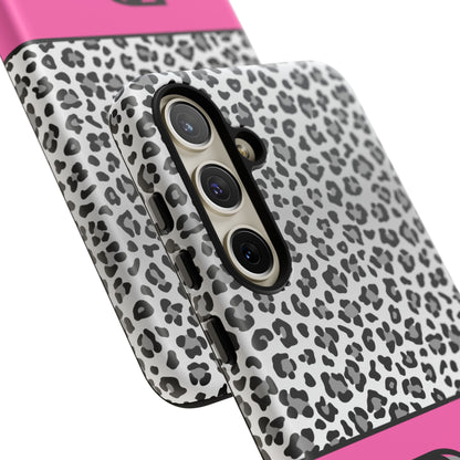 Gray Leopard Print and Pink Personalized Name Phone Case - for iPhone, Samsung, and Google Phones