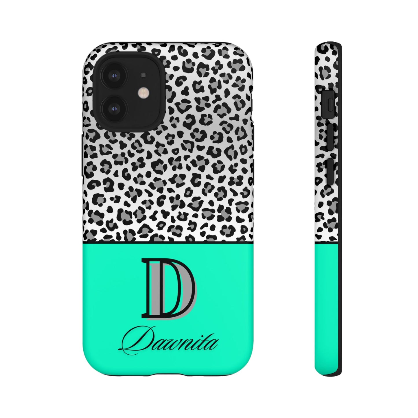 Gray Leopard Print and Teal Personalized Name Phone Case - for iPhone, Samsung, and Google Phones