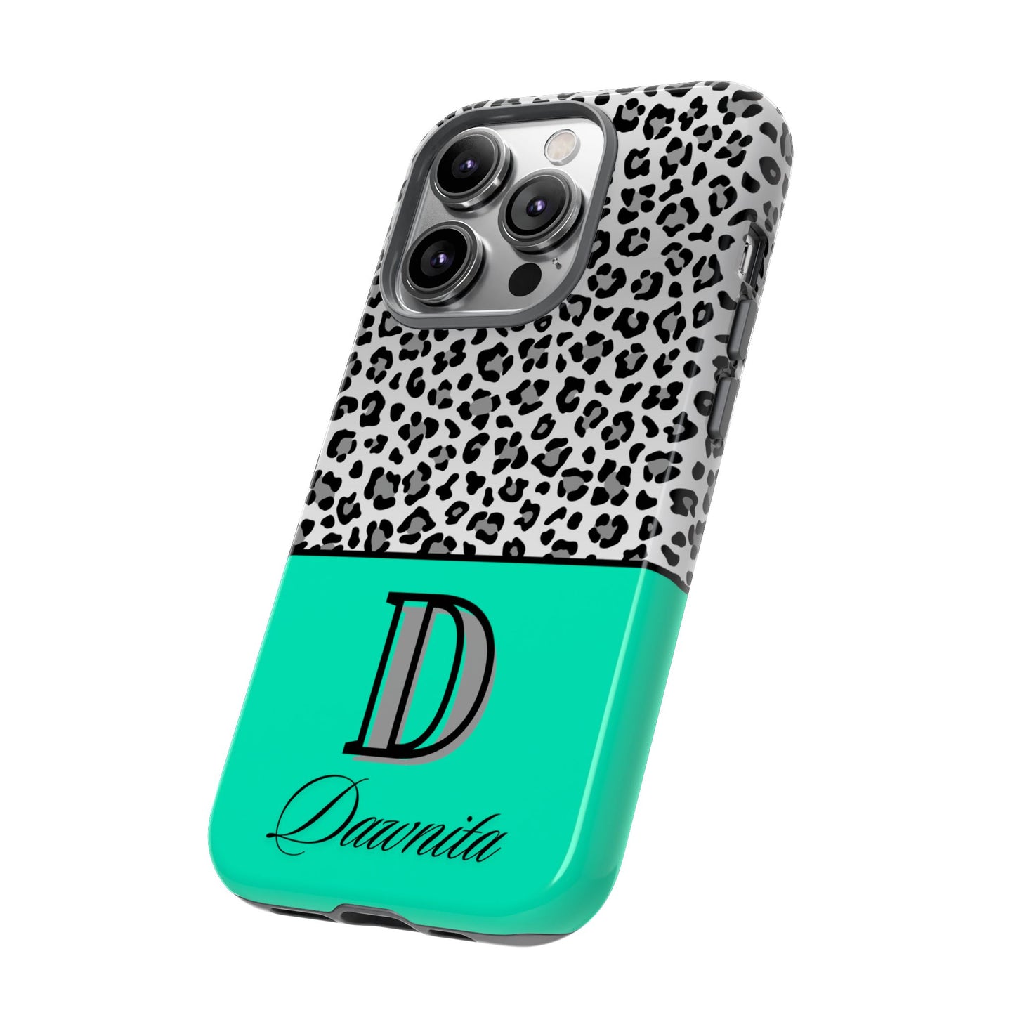 Gray Leopard Print and Teal Personalized Name Phone Case - for iPhone, Samsung, and Google Phones