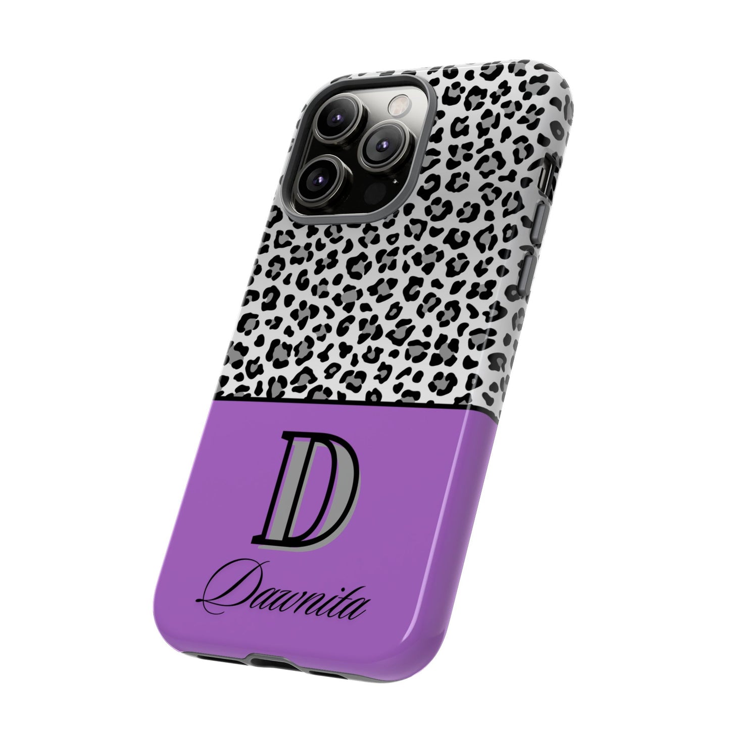 Gray Leopard Print and Purple Personalized Name Phone Case - for iPhone, Samsung, and Google Phones