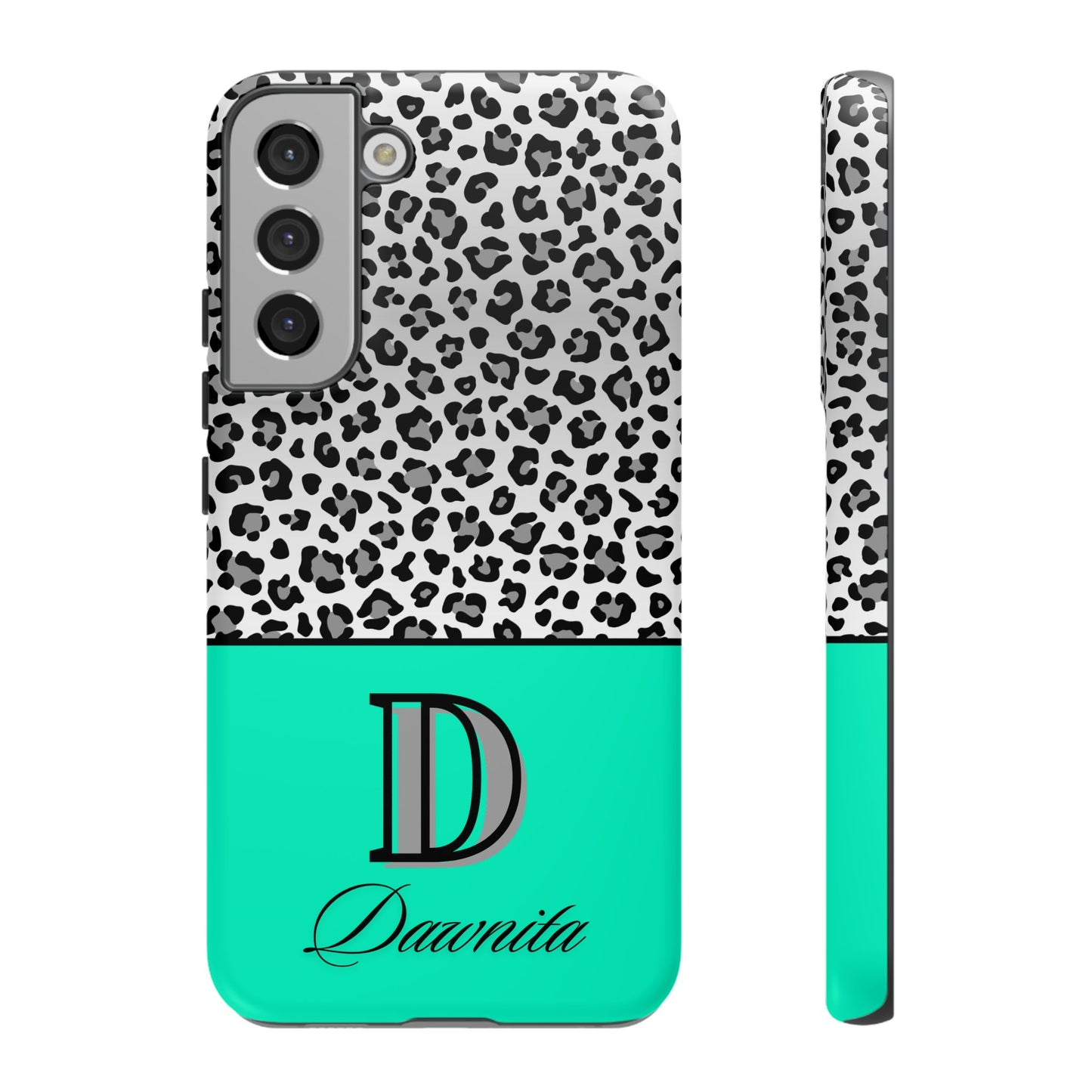 Gray Leopard Print and Teal Personalized Name Phone Case - for iPhone, Samsung, and Google Phones