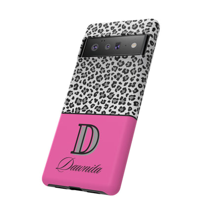 Gray Leopard Print and Pink Personalized Name Phone Case - for iPhone, Samsung, and Google Phones