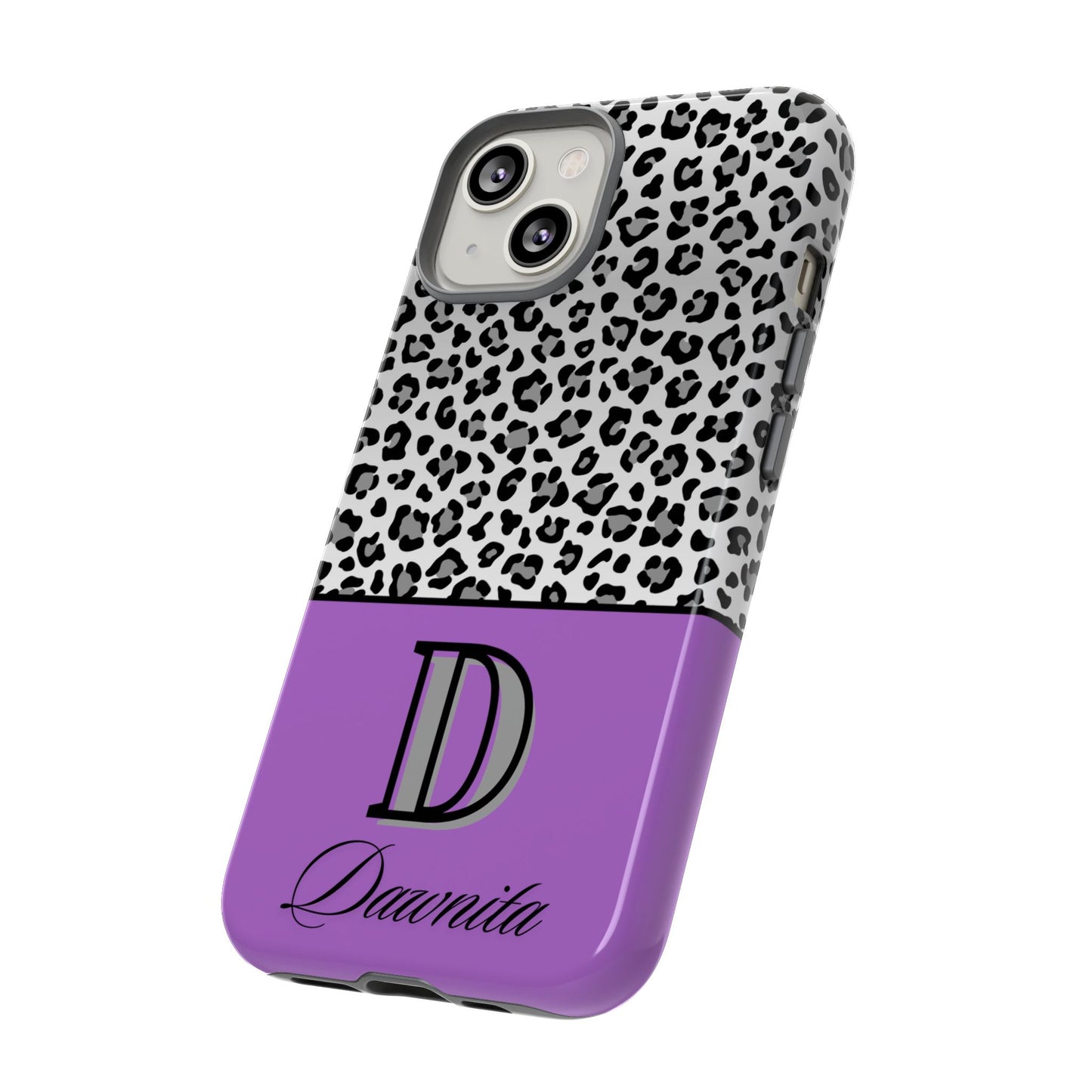 Gray Leopard Print and Purple Personalized Name Phone Case - for iPhone, Samsung, and Google Phones