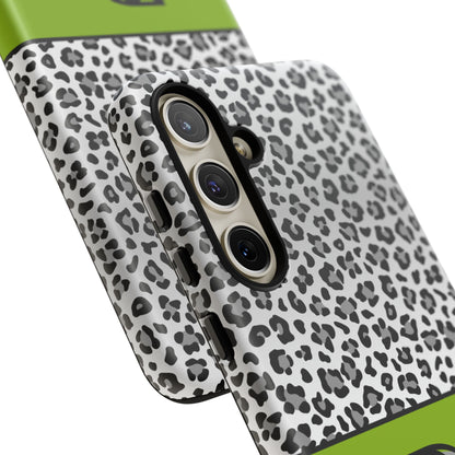 Gray Leopard Print and Green Personalized Name Phone Case - for iPhone, Samsung, and Google Phones