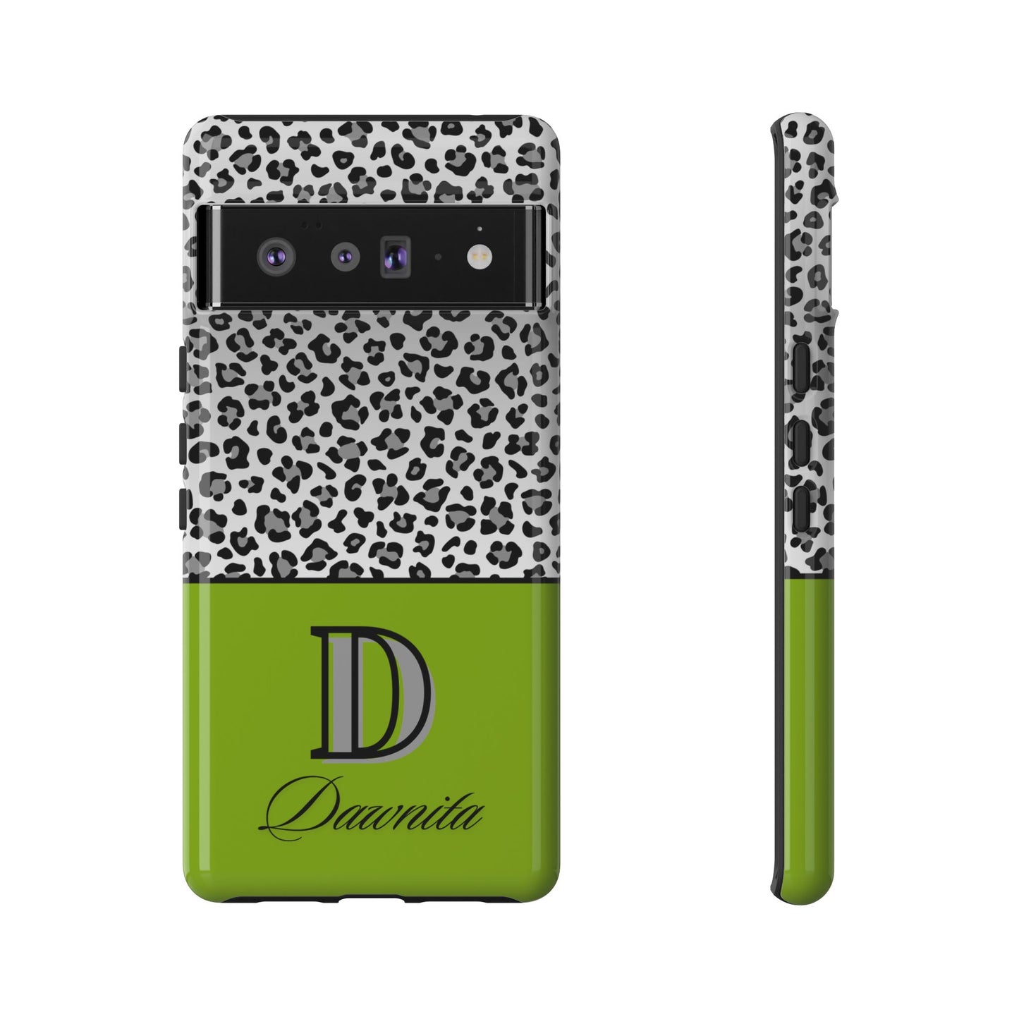 Gray Leopard Print and Green Personalized Name Phone Case - for iPhone, Samsung, and Google Phones