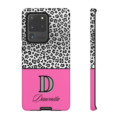 Gray Leopard Print and Pink Personalized Name Phone Case - for iPhone, Samsung, and Google Phones