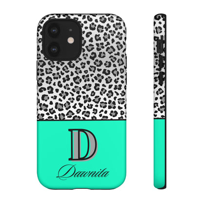 Gray Leopard Print and Teal Personalized Name Phone Case - for iPhone, Samsung, and Google Phones