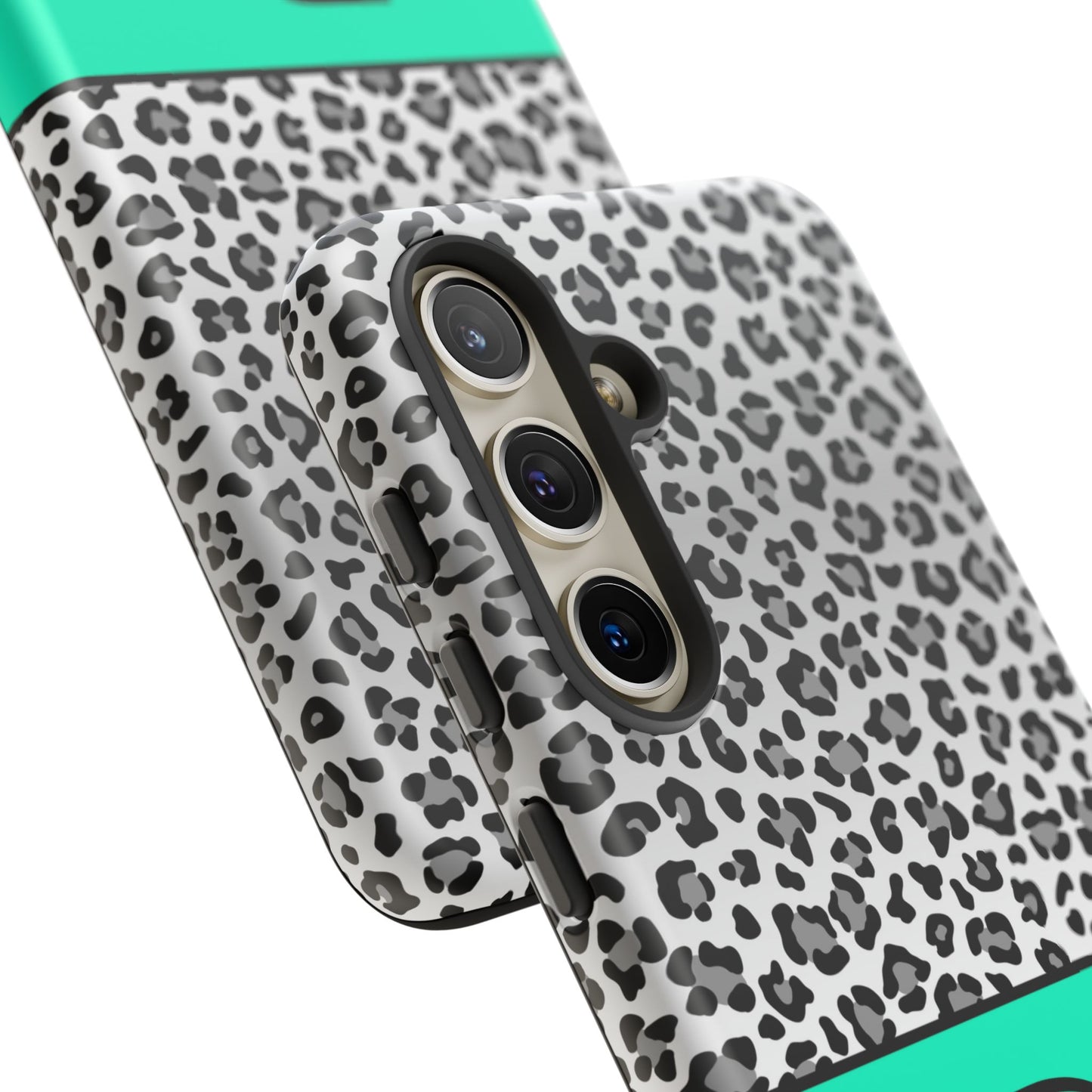 Gray Leopard Print and Teal Personalized Name Phone Case - for iPhone, Samsung, and Google Phones