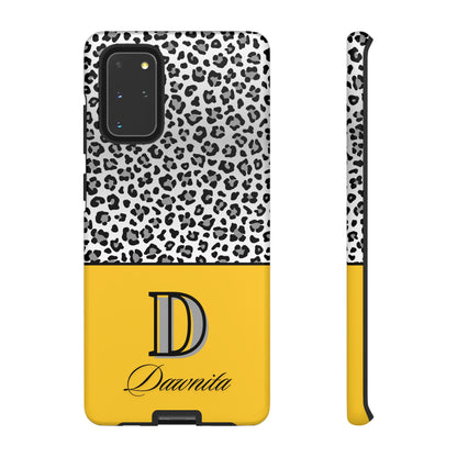 Gray Leopard Print and Yellow Personalized Name Phone Case - for iPhone, Samsung, and Google Phones