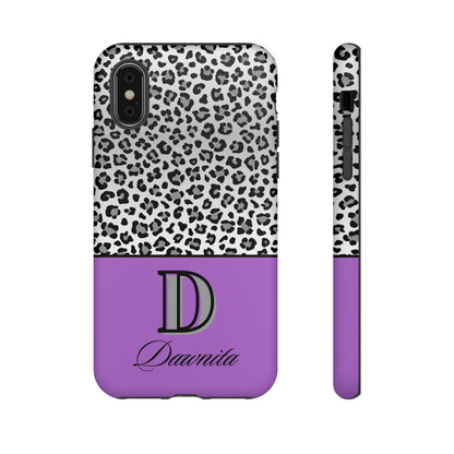 Gray Leopard Print and Purple Personalized Name Phone Case - for iPhone, Samsung, and Google Phones