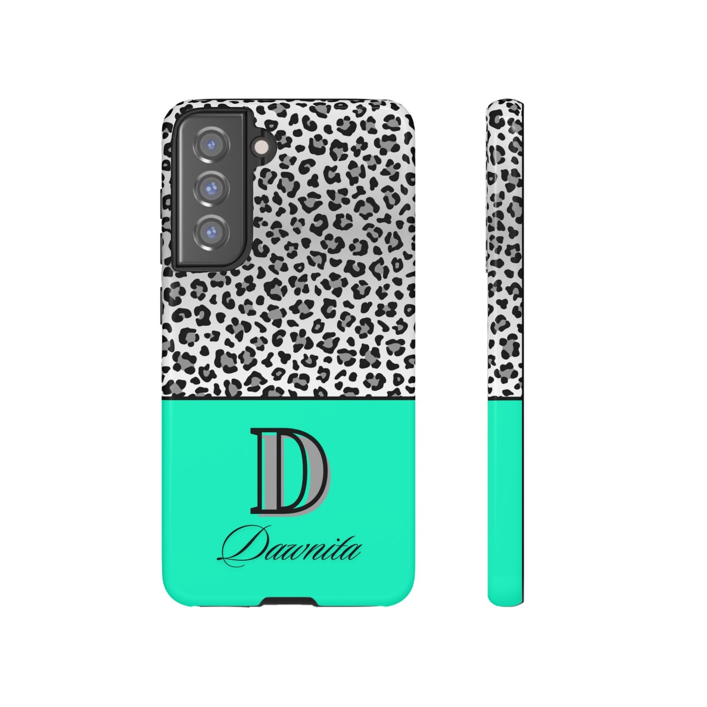 Gray Leopard Print and Teal Personalized Name Phone Case - for iPhone, Samsung, and Google Phones