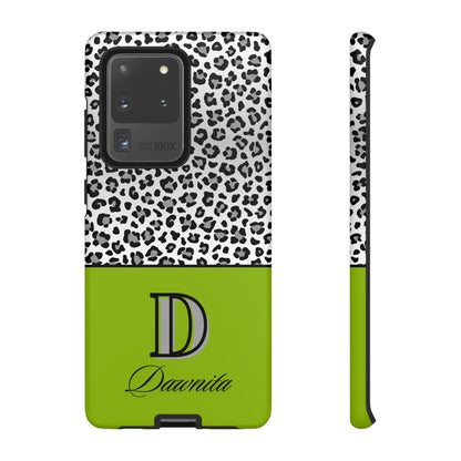 Gray Leopard Print and Green Personalized Name Phone Case - for iPhone, Samsung, and Google Phones