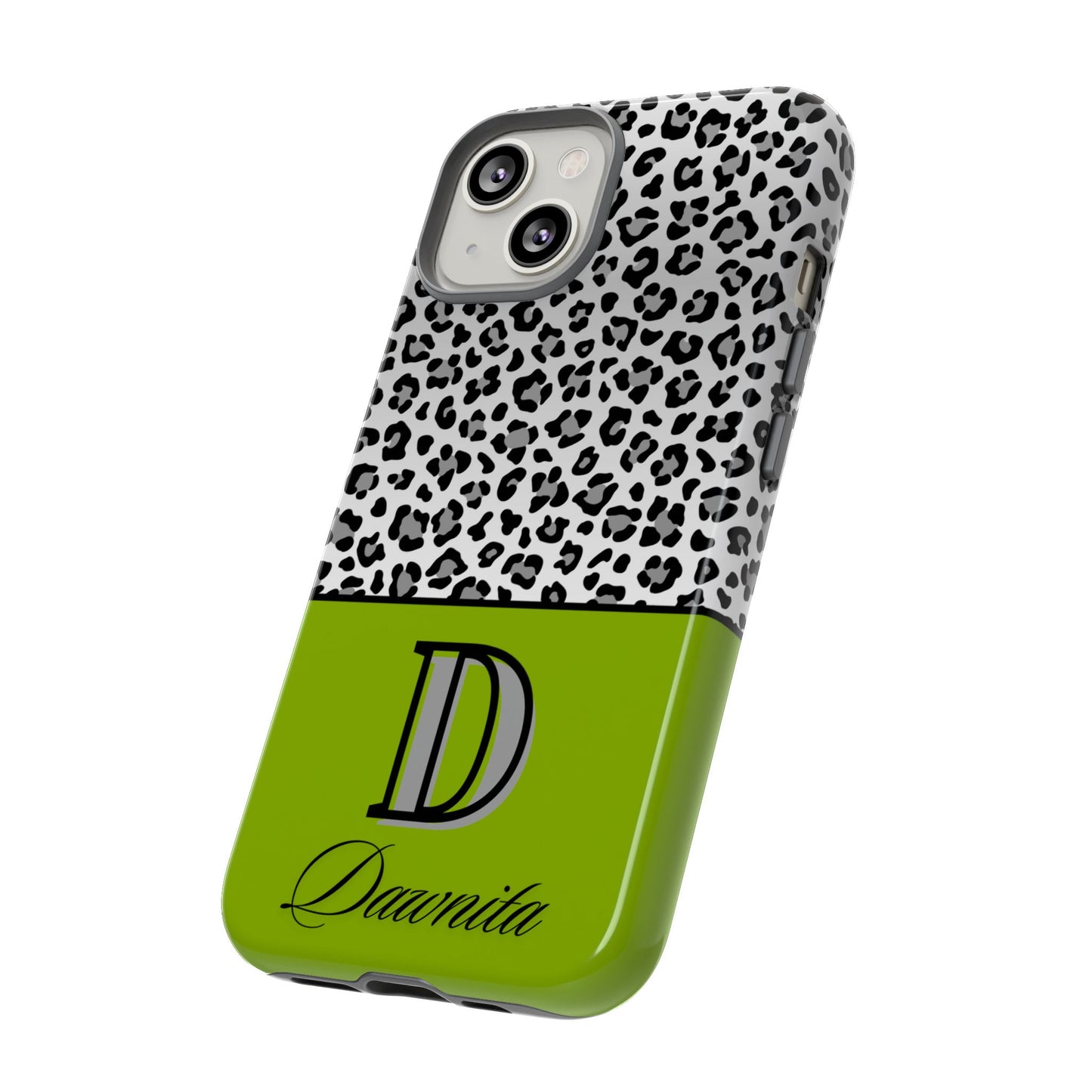 Gray Leopard Print and Green Personalized Name Phone Case - for iPhone, Samsung, and Google Phones