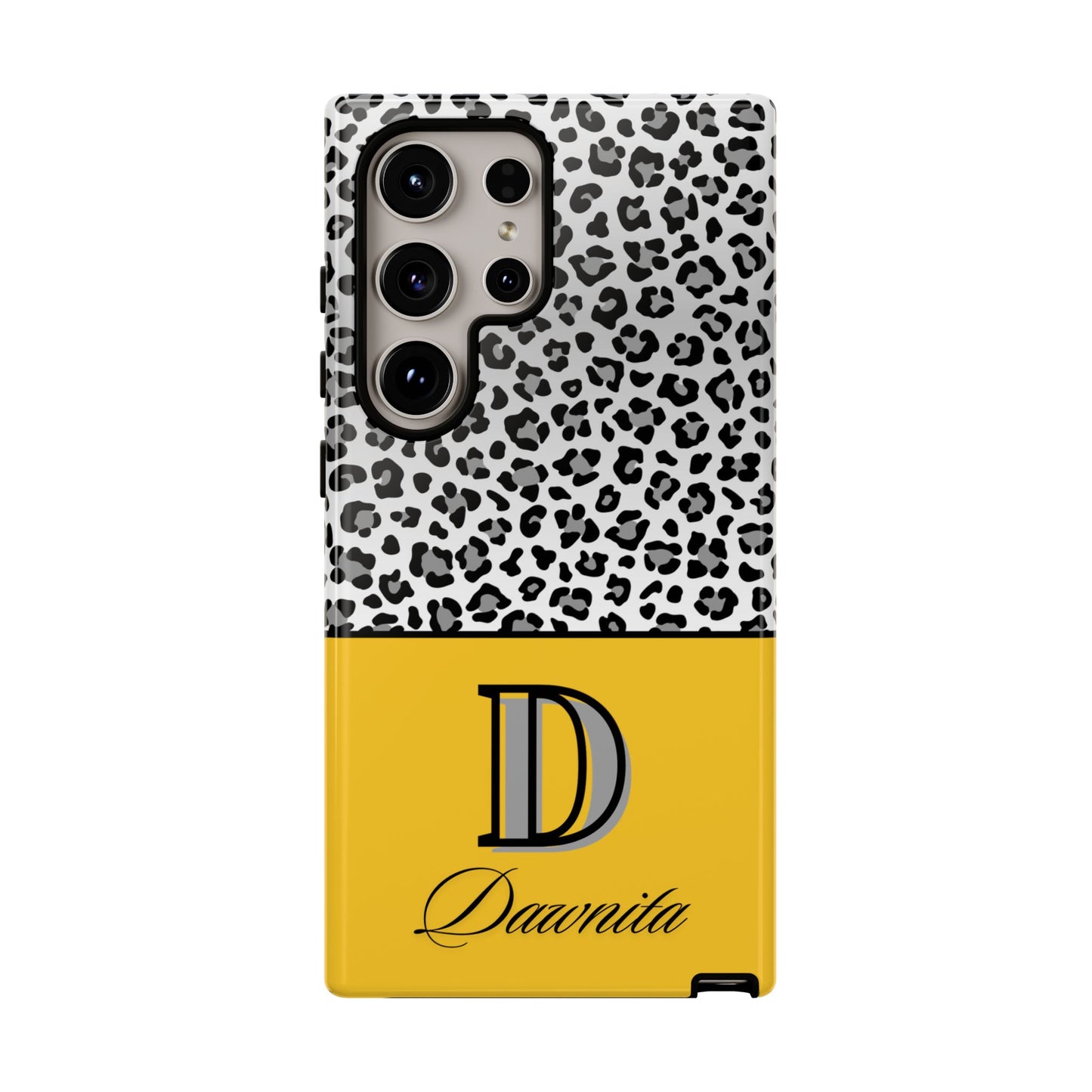 Gray Leopard Print and Yellow Personalized Name Phone Case - for iPhone, Samsung, and Google Phones