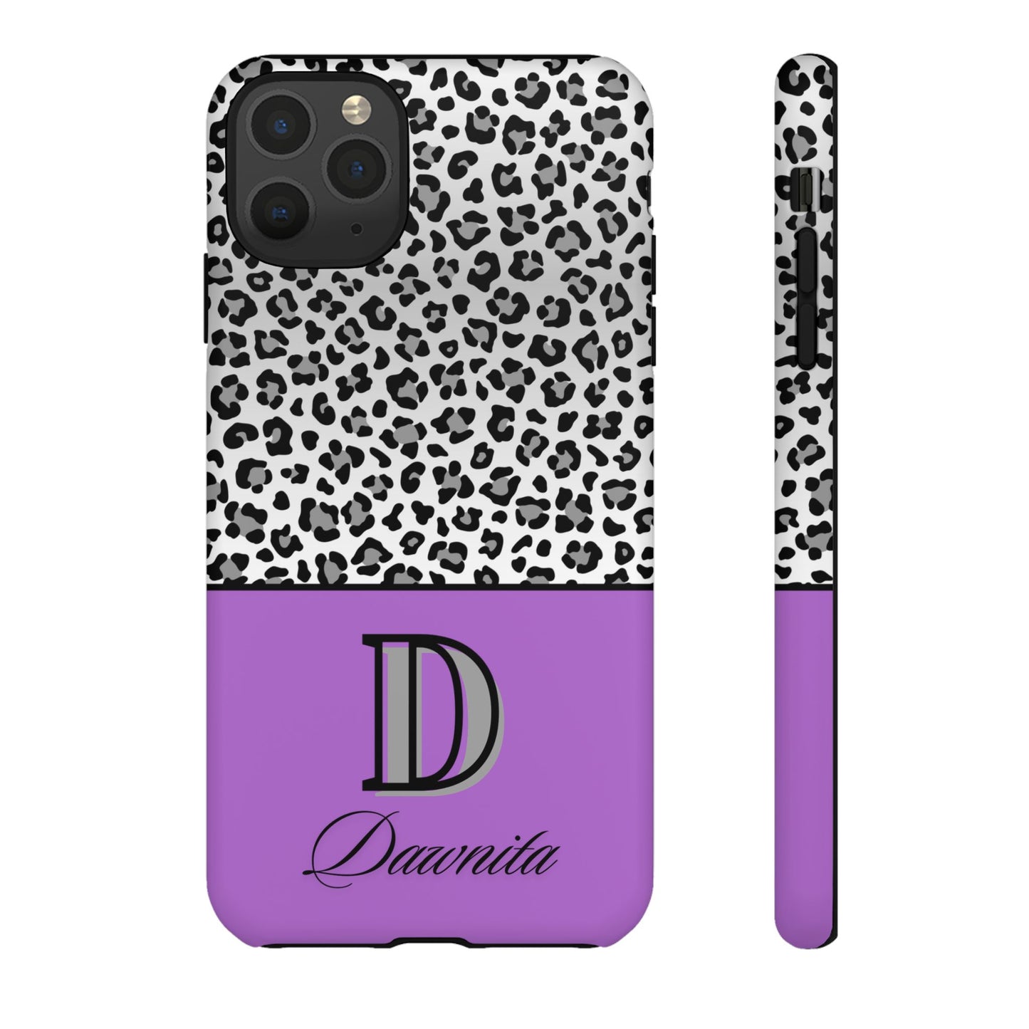 Gray Leopard Print and Purple Personalized Name Phone Case - for iPhone, Samsung, and Google Phones