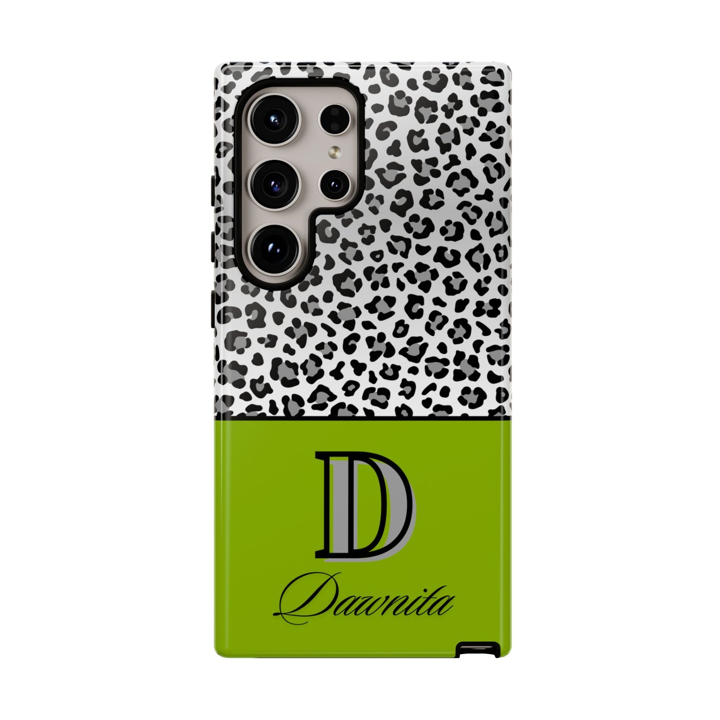 Gray Leopard Print and Green Personalized Name Phone Case - for iPhone, Samsung, and Google Phones