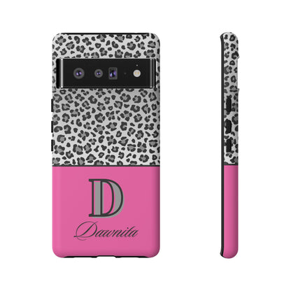 Gray Leopard Print and Pink Personalized Name Phone Case - for iPhone, Samsung, and Google Phones