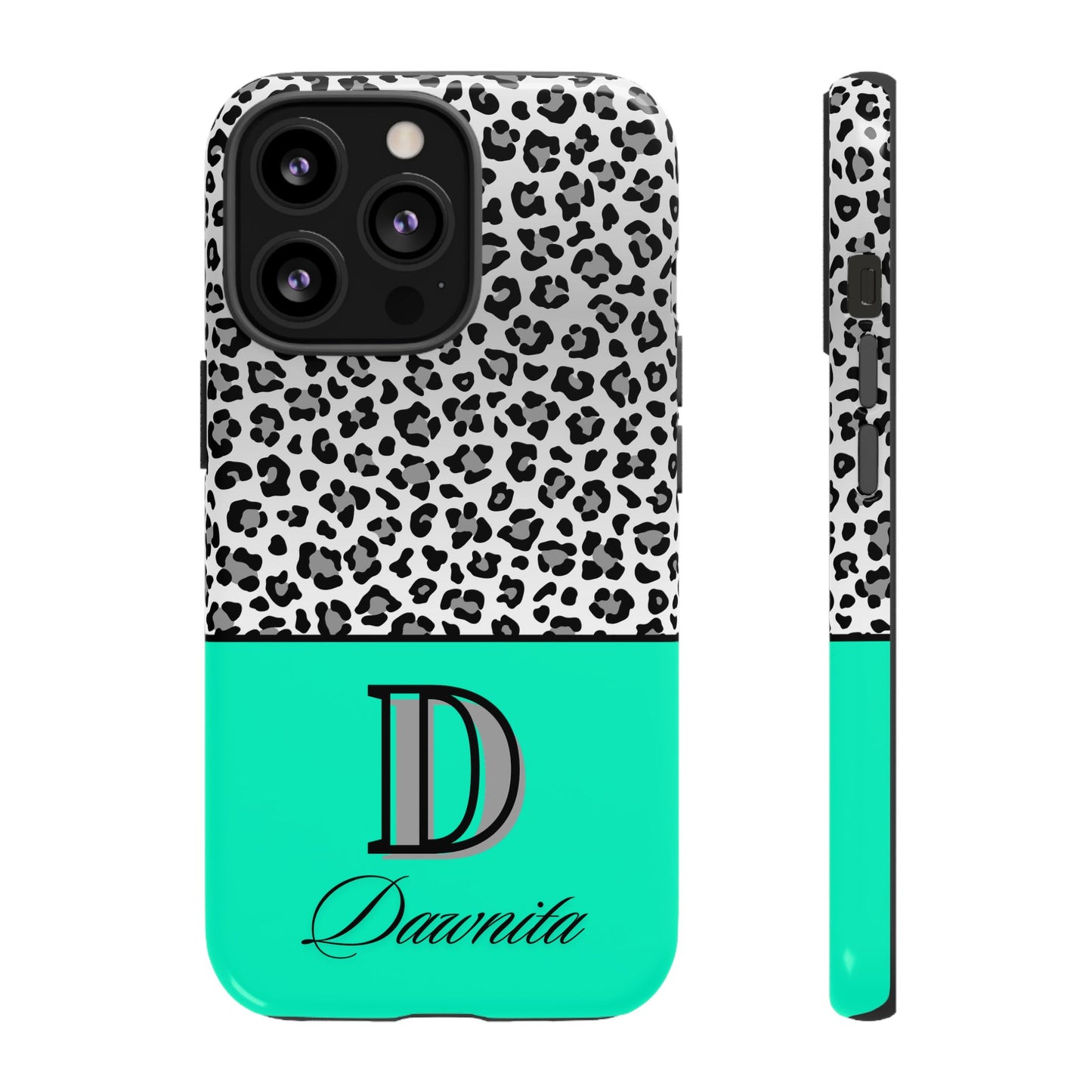 Gray Leopard Print and Teal Personalized Name Phone Case - for iPhone, Samsung, and Google Phones