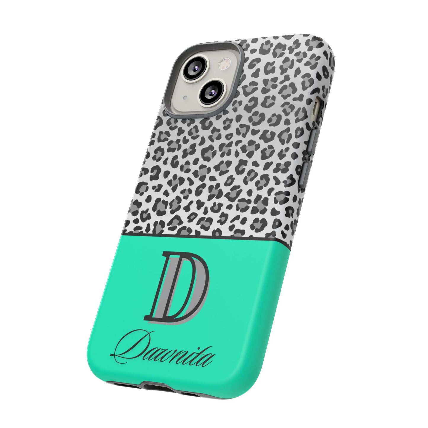 Gray Leopard Print and Teal Personalized Name Phone Case - for iPhone, Samsung, and Google Phones