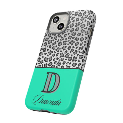 Gray Leopard Print and Teal Personalized Name Phone Case - for iPhone, Samsung, and Google Phones