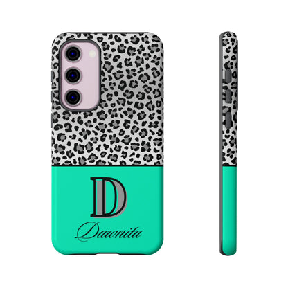 Gray Leopard Print and Teal Personalized Name Phone Case - for iPhone, Samsung, and Google Phones