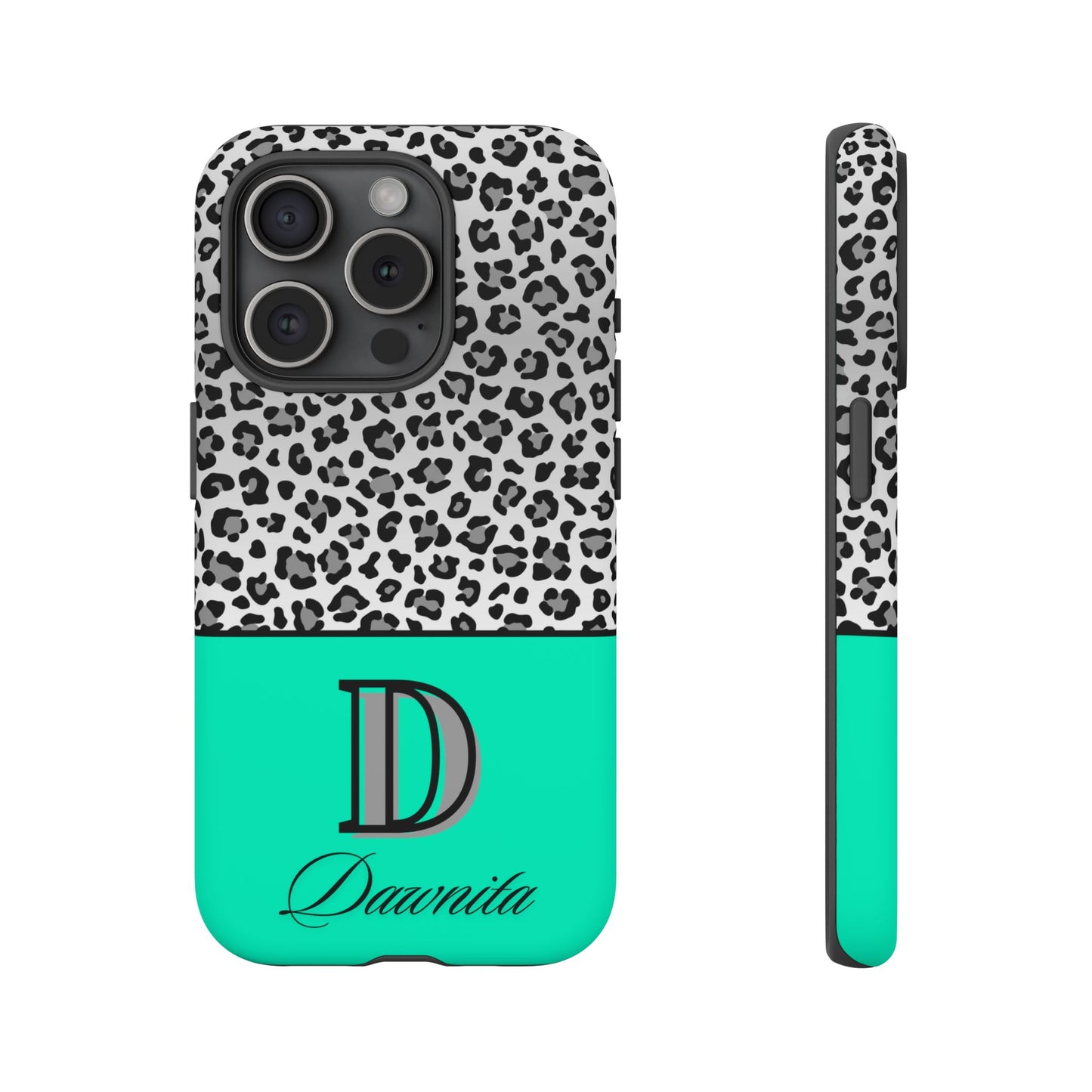 Gray Leopard Print and Teal Personalized Name Phone Case - for iPhone, Samsung, and Google Phones