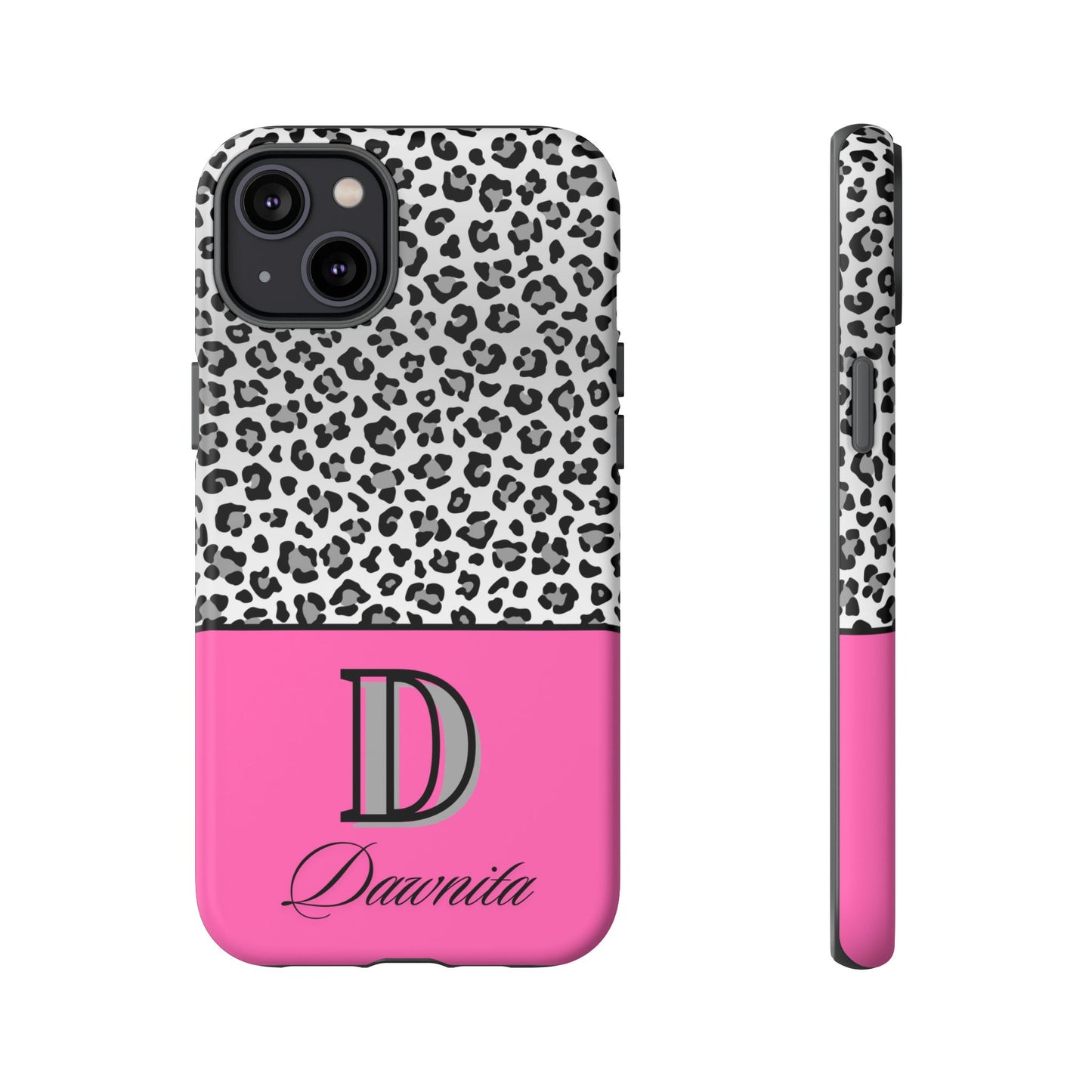 Gray Leopard Print and Pink Personalized Name Phone Case - for iPhone, Samsung, and Google Phones