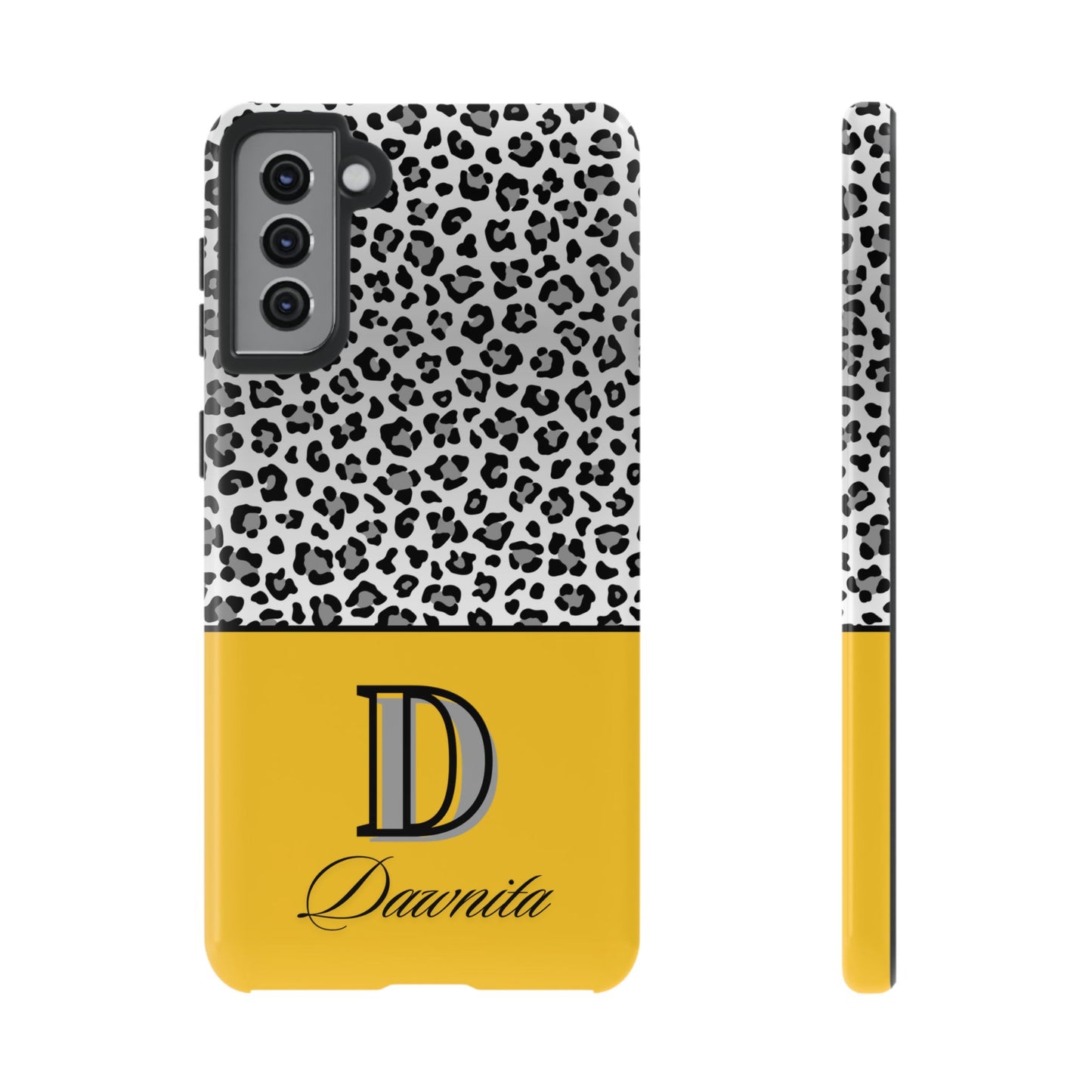 Gray Leopard Print and Yellow Personalized Name Phone Case - for iPhone, Samsung, and Google Phones