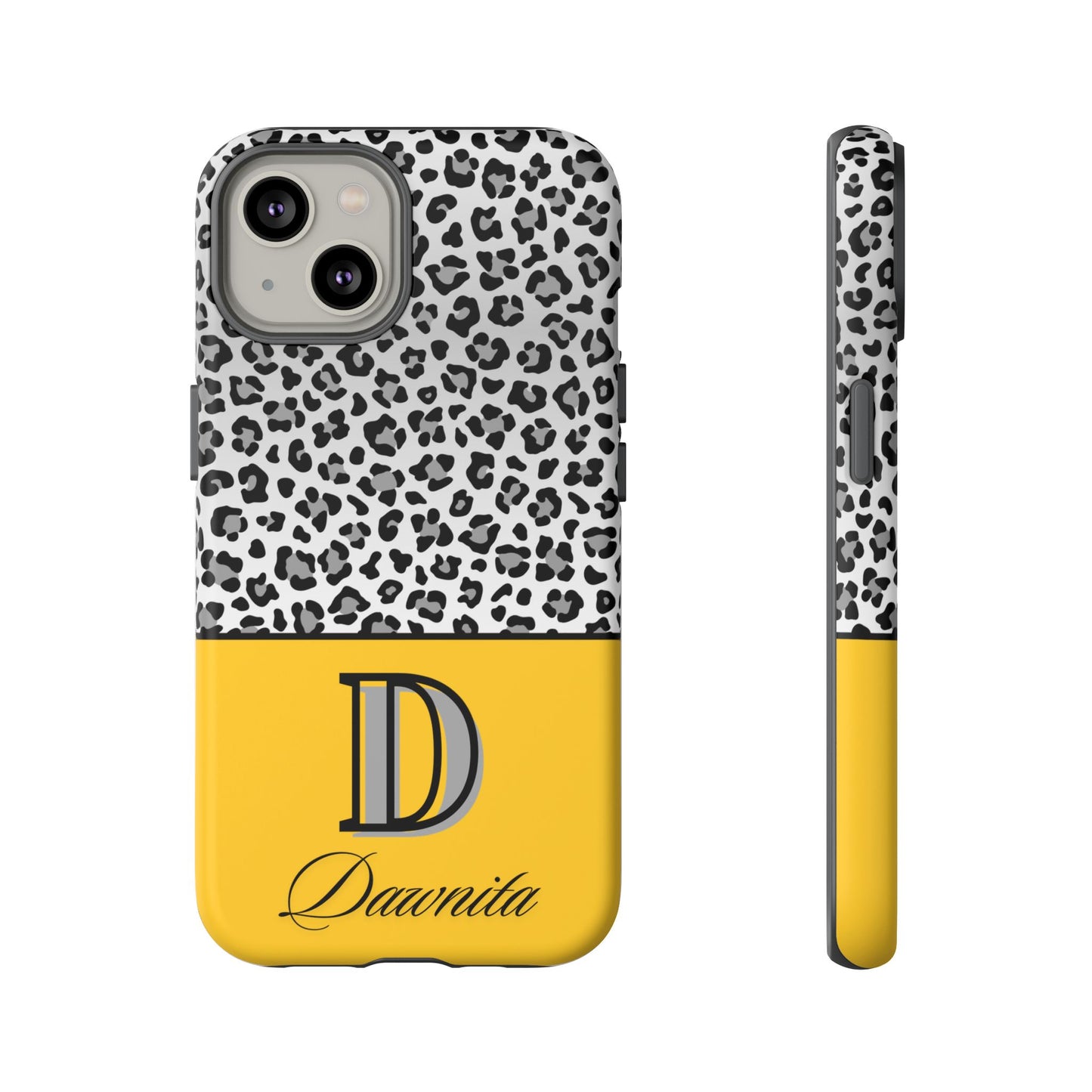 Gray Leopard Print and Yellow Personalized Name Phone Case - for iPhone, Samsung, and Google Phones