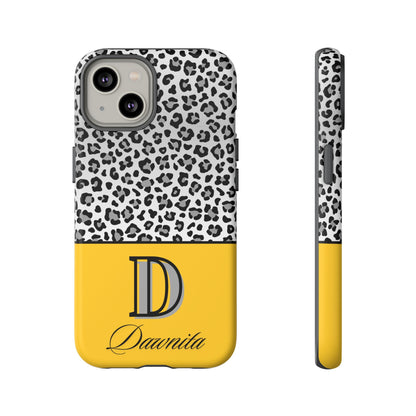 Gray Leopard Print and Yellow Personalized Name Phone Case - for iPhone, Samsung, and Google Phones