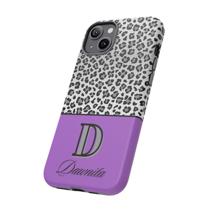 Gray Leopard Print and Purple Personalized Name Phone Case - for iPhone, Samsung, and Google Phones