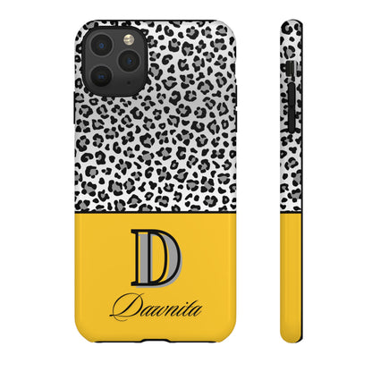 Gray Leopard Print and Yellow Personalized Name Phone Case - for iPhone, Samsung, and Google Phones