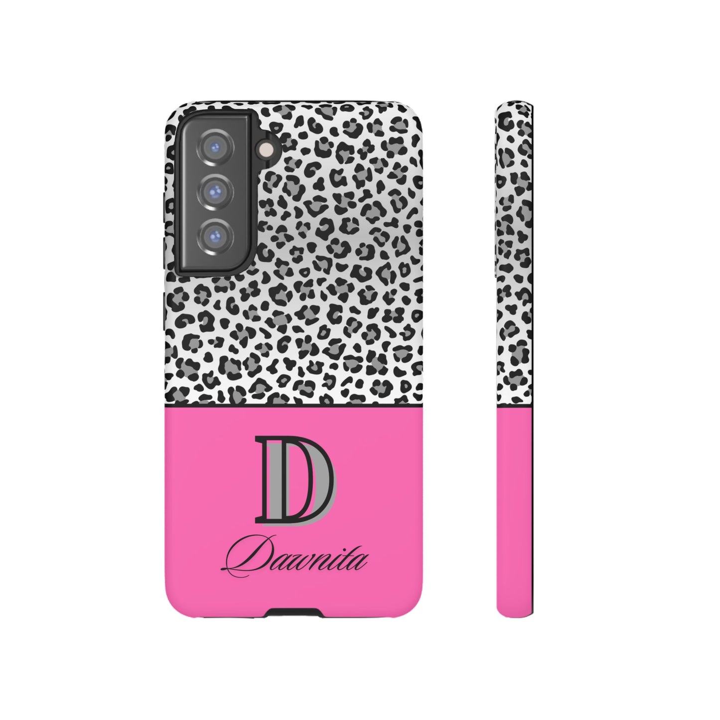 Gray Leopard Print and Pink Personalized Name Phone Case - for iPhone, Samsung, and Google Phones