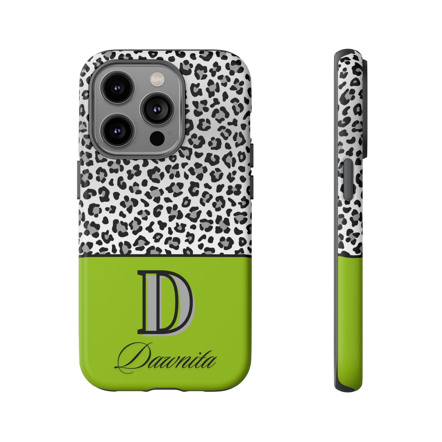 Gray Leopard Print and Green Personalized Name Phone Case - for iPhone, Samsung, and Google Phones