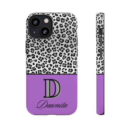 Gray Leopard Print and Purple Personalized Name Phone Case - for iPhone, Samsung, and Google Phones