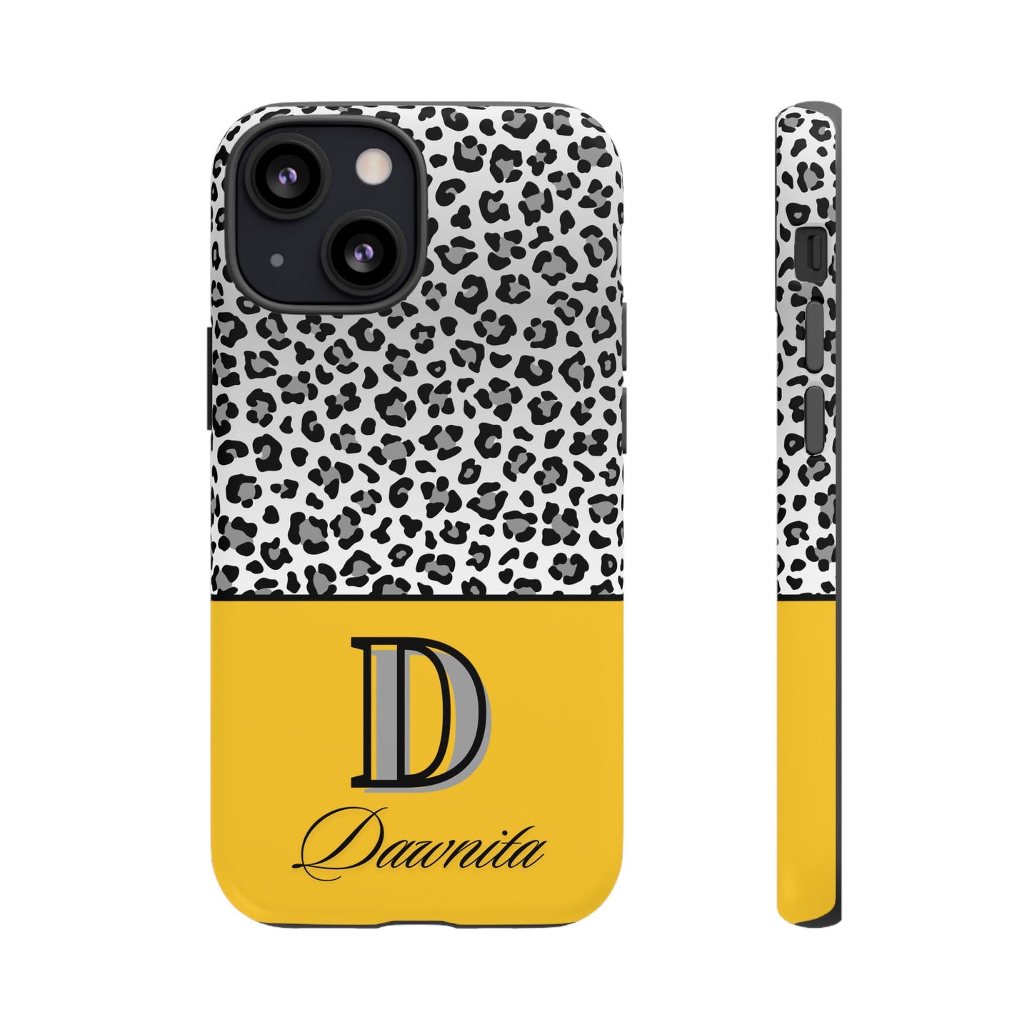 Gray Leopard Print and Yellow Personalized Name Phone Case - for iPhone, Samsung, and Google Phones