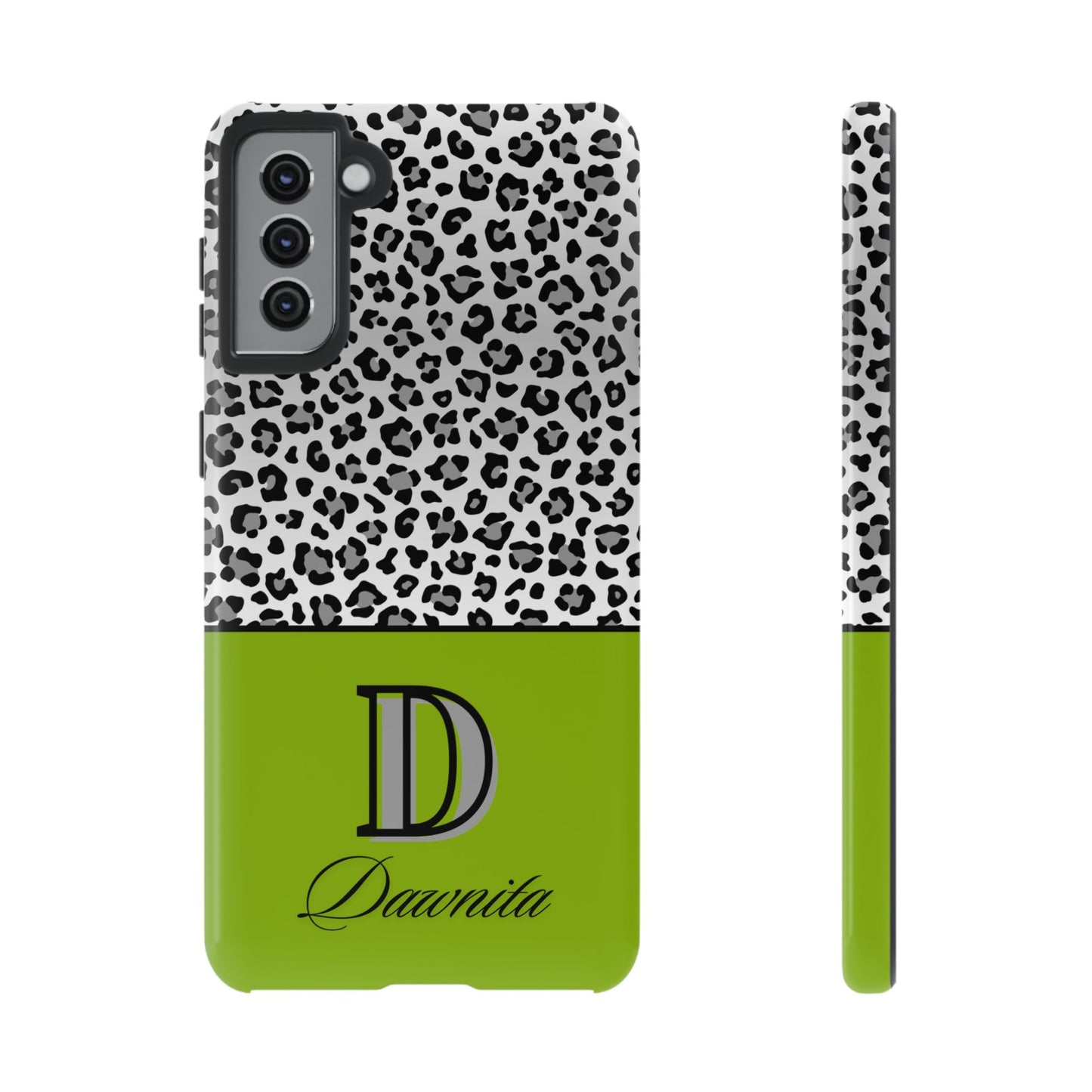 Gray Leopard Print and Green Personalized Name Phone Case - for iPhone, Samsung, and Google Phones