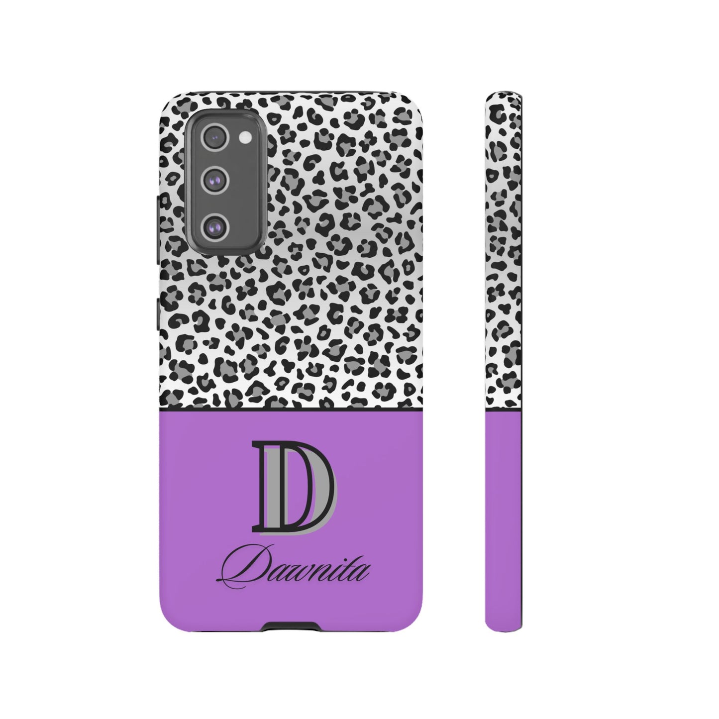 Gray Leopard Print and Purple Personalized Name Phone Case - for iPhone, Samsung, and Google Phones