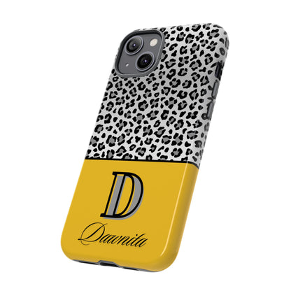 Gray Leopard Print and Yellow Personalized Name Phone Case - for iPhone, Samsung, and Google Phones