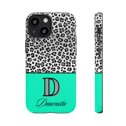 Gray Leopard Print and Teal Personalized Name Phone Case - for iPhone, Samsung, and Google Phones